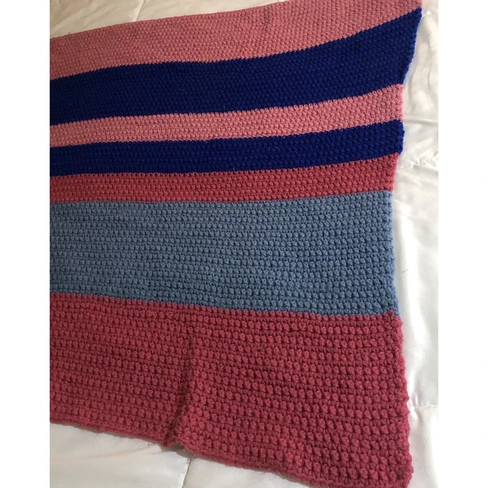 Four toned Stripes Pretty Pink Blue Vintage Afghan Cozy Couch‎ Throw Blanket